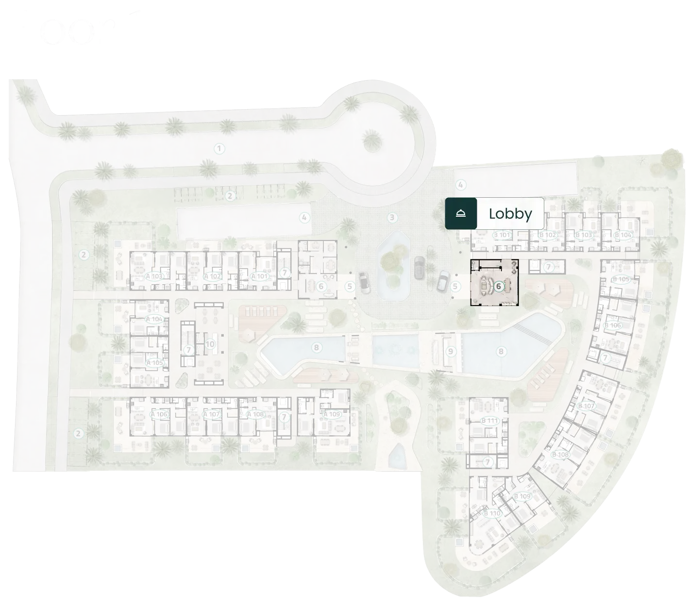 Floor 1 plan of ELITE Cap Cana highlighting the lobby