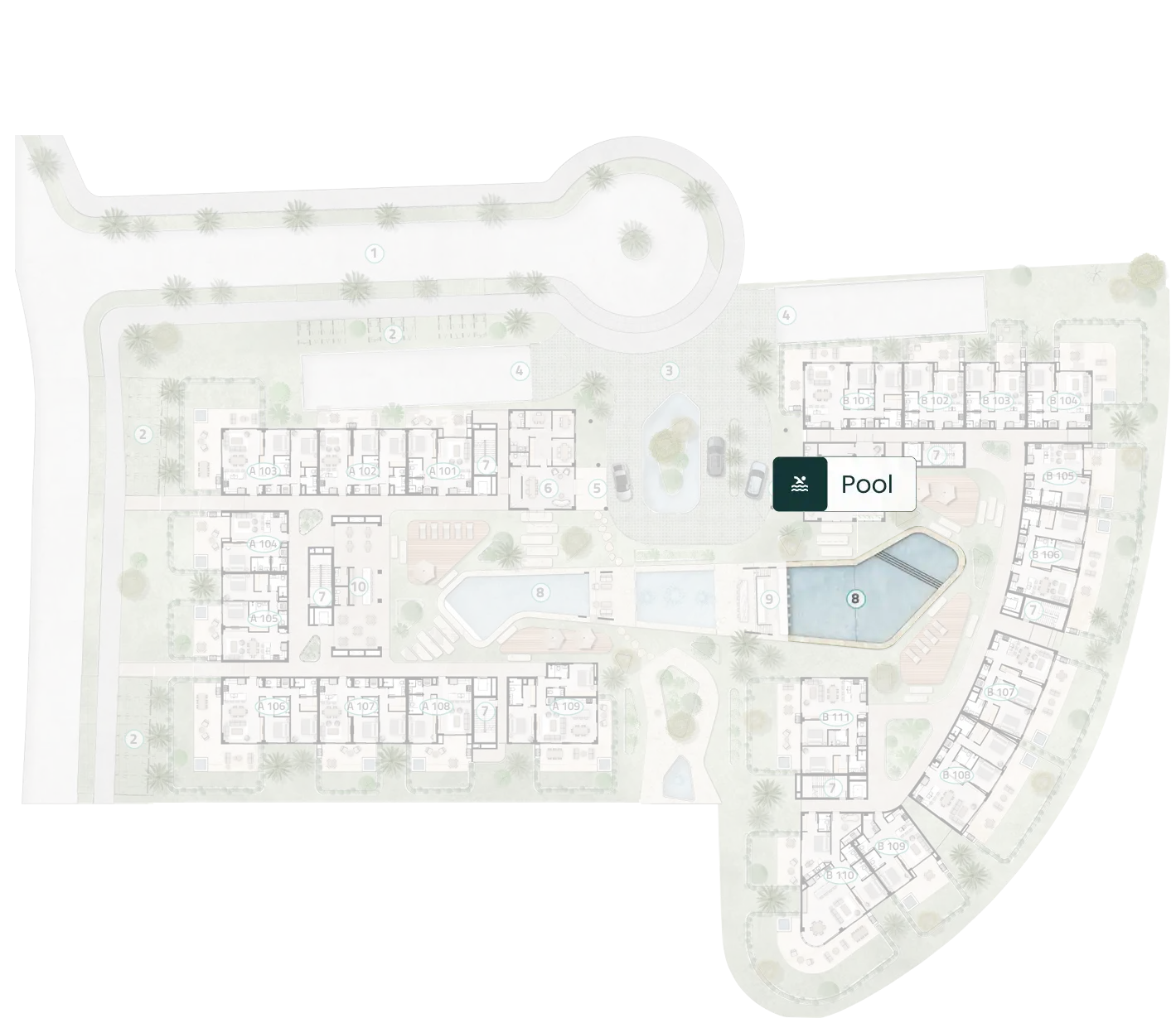 Floor 1 plan of ELITE Cap Cana highlighting the pool