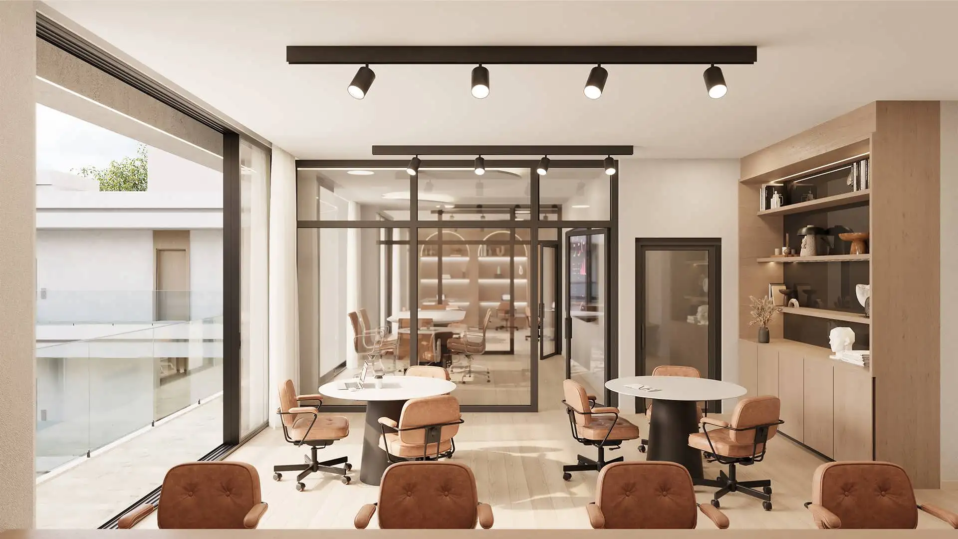 Coworking space with meeting tables and a glass-walled office, ELITE Cap Cana