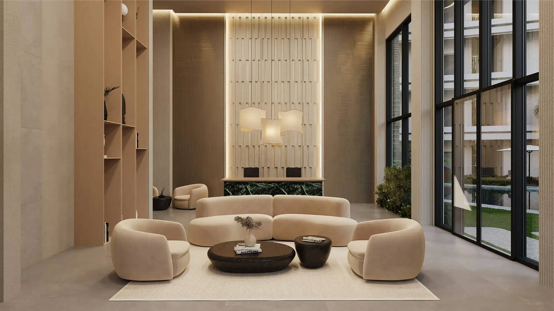 Double-height lobby lounge with cream sofas and wood details, ELITE Cap Cana