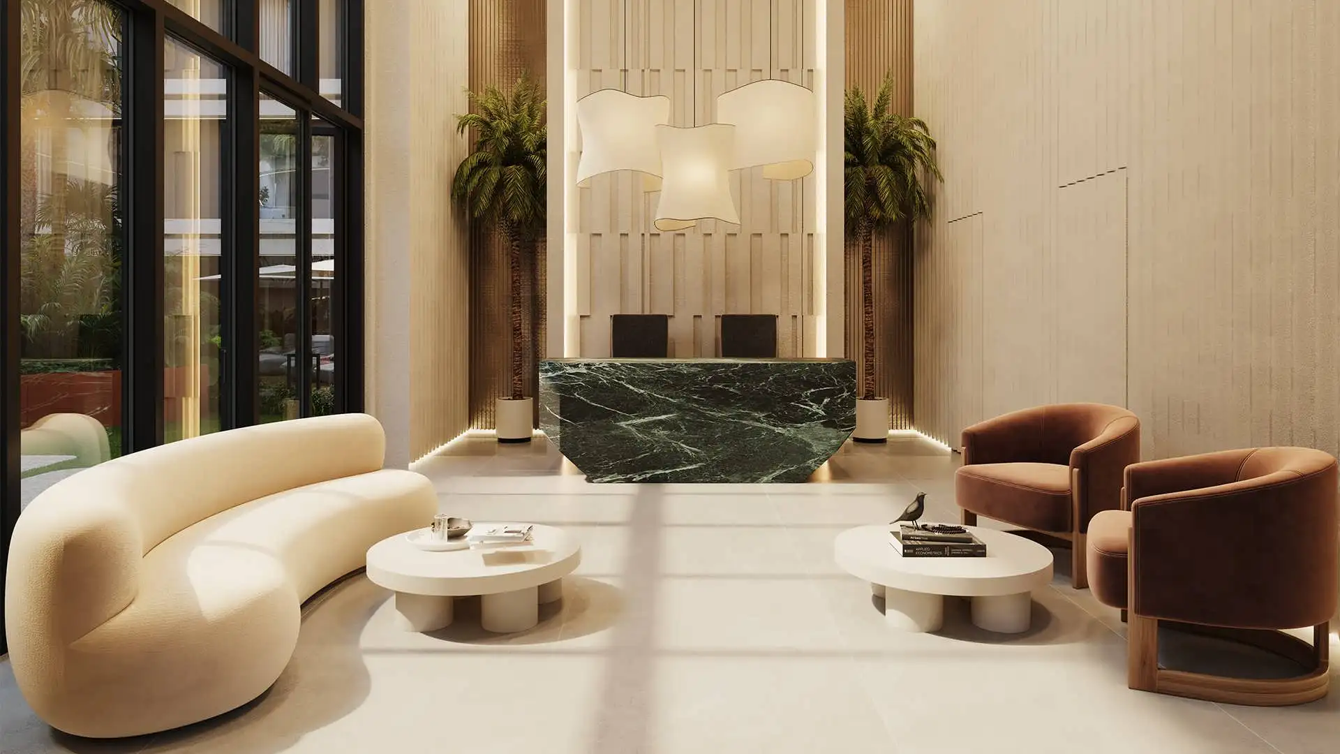 Lobby reception with marble desk and curved sofa, ELITE Cap Cana