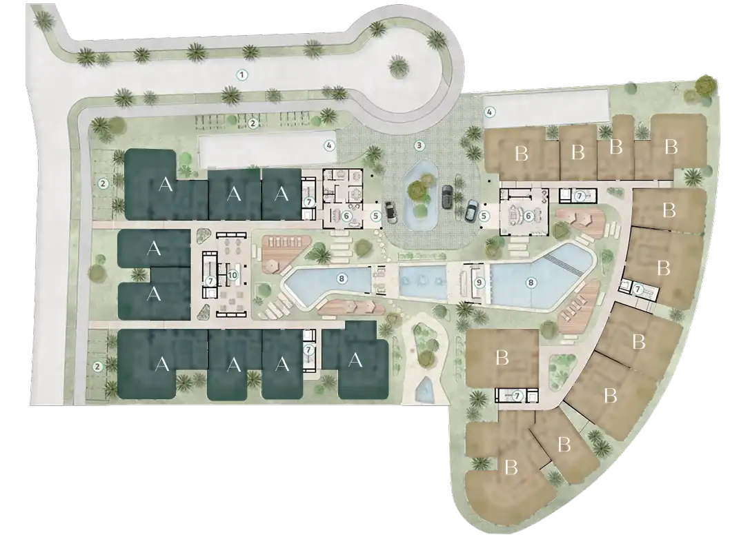 Site plan of ELITE Cap Cana showing Building A, Building B, pools and gardens