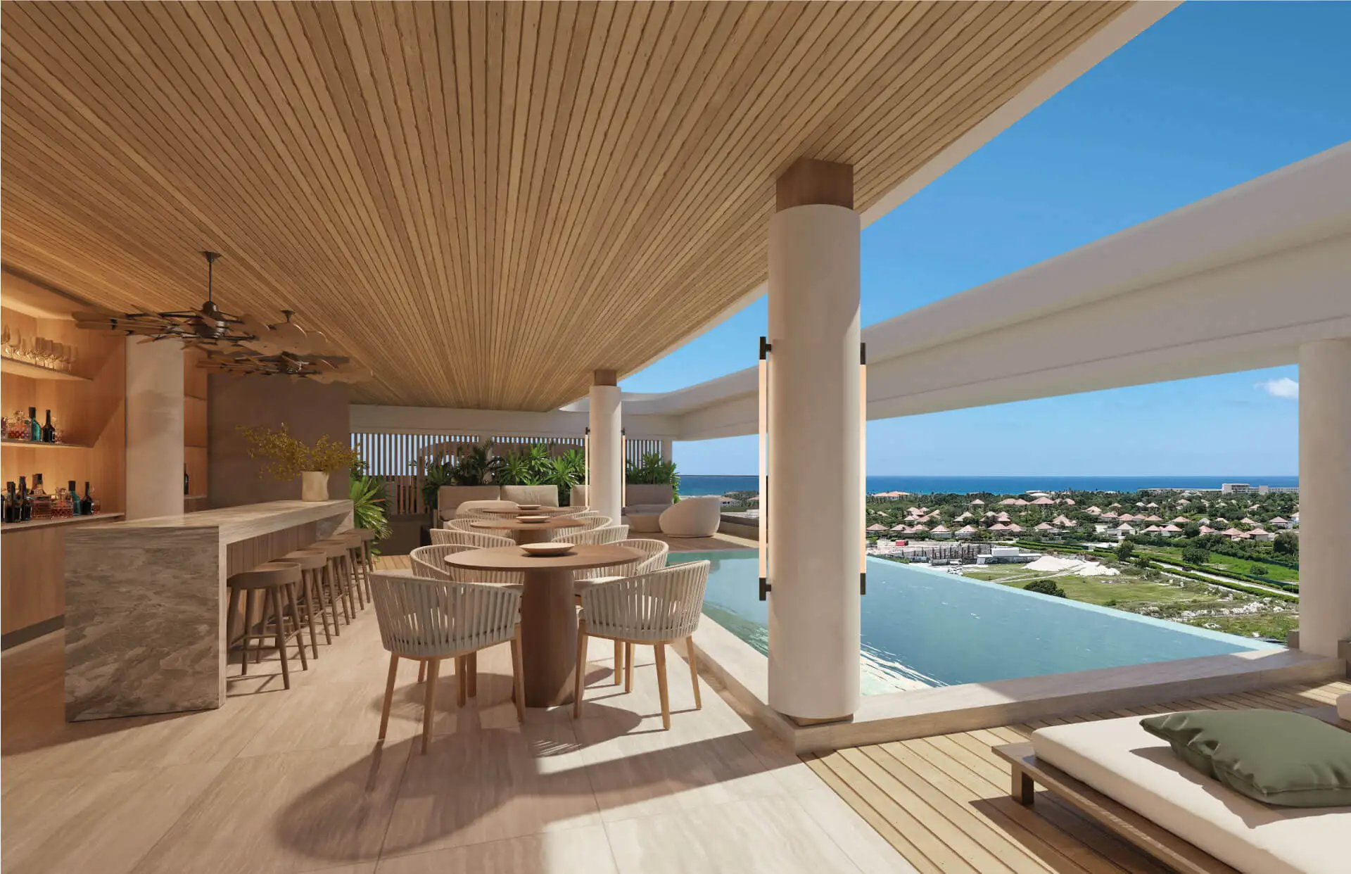 Covered terrace with bar, dining area and infinity pool overlooking the Caribbean Sea, ELITE Cap Cana