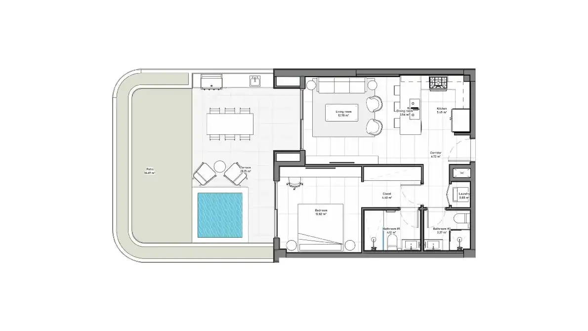 Floor plan of a Type A 1-bedroom apartment, 65.37 m² interior, with terrace and plunge pool, ELITE Cap Cana