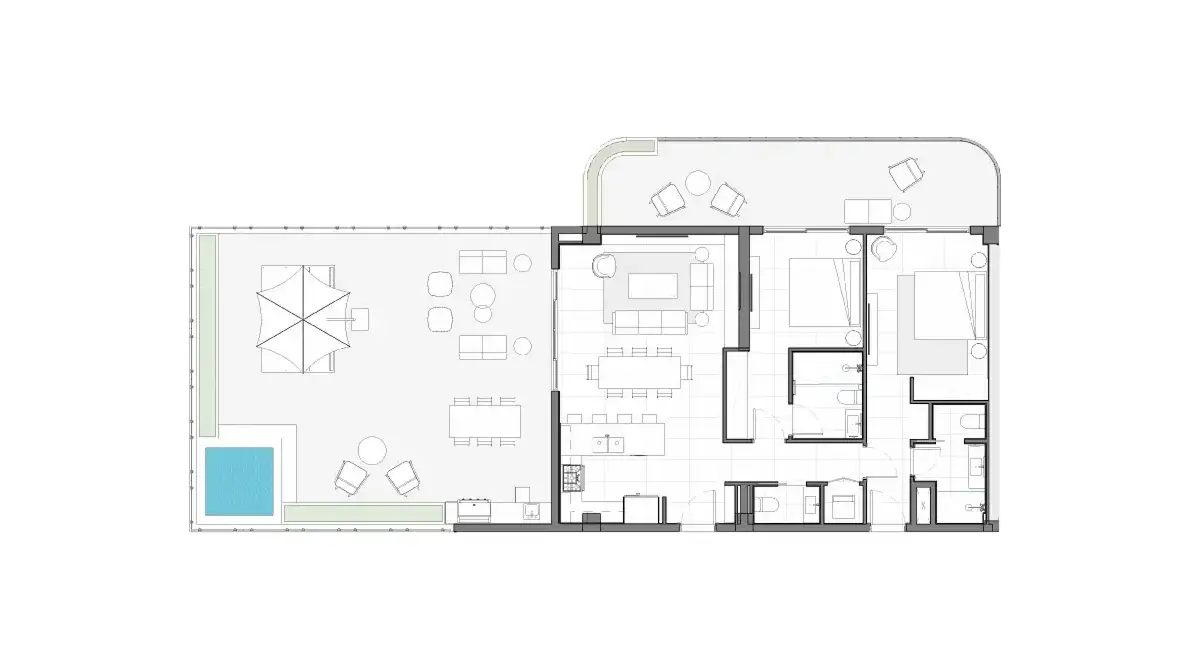 Floor plan of a Type A 2-bedroom apartment, 106.86 m² interior, with garden terrace and plunge pool, ELITE Cap Cana