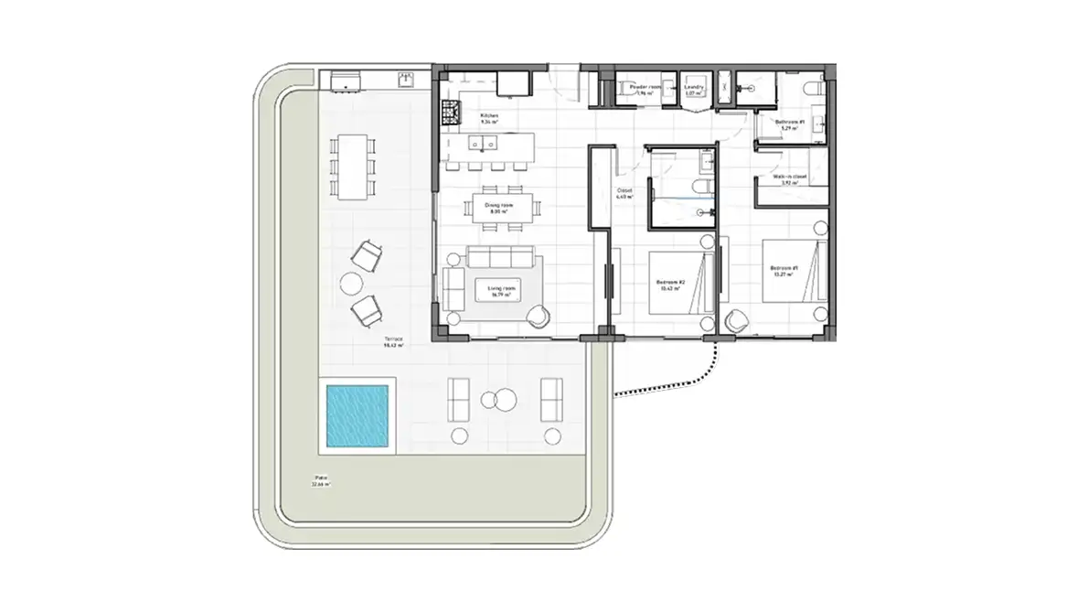 Floor plan of a Type A 2-bedroom apartment, 106.86 m² interior, with terrace and plunge pool, ELITE Cap Cana
