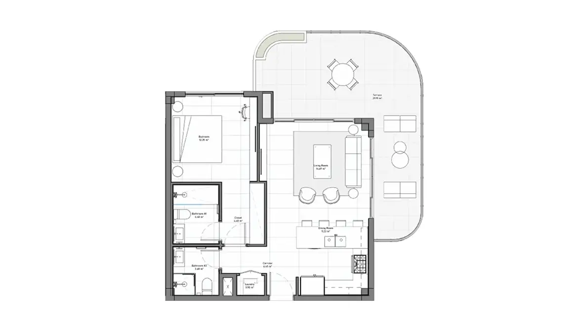 Floor plan of a Type B 1-bedroom corner apartment, 68.11 m² interior, with rounded balcony, ELITE Cap Cana