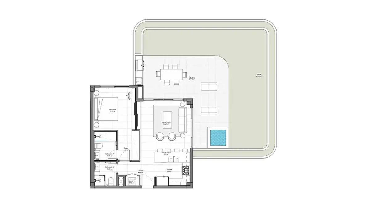 Floor plan of a Type B 1-bedroom apartment, 68.11 m² interior, with terrace and plunge pool, ELITE Cap Cana