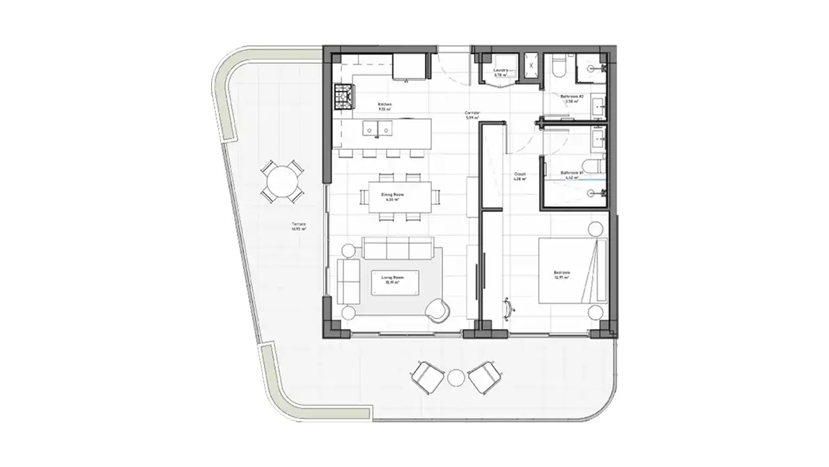 Floor plan of a Type B 1-bedroom apartment, 74.39 m² interior, with wraparound balcony, ELITE Cap Cana