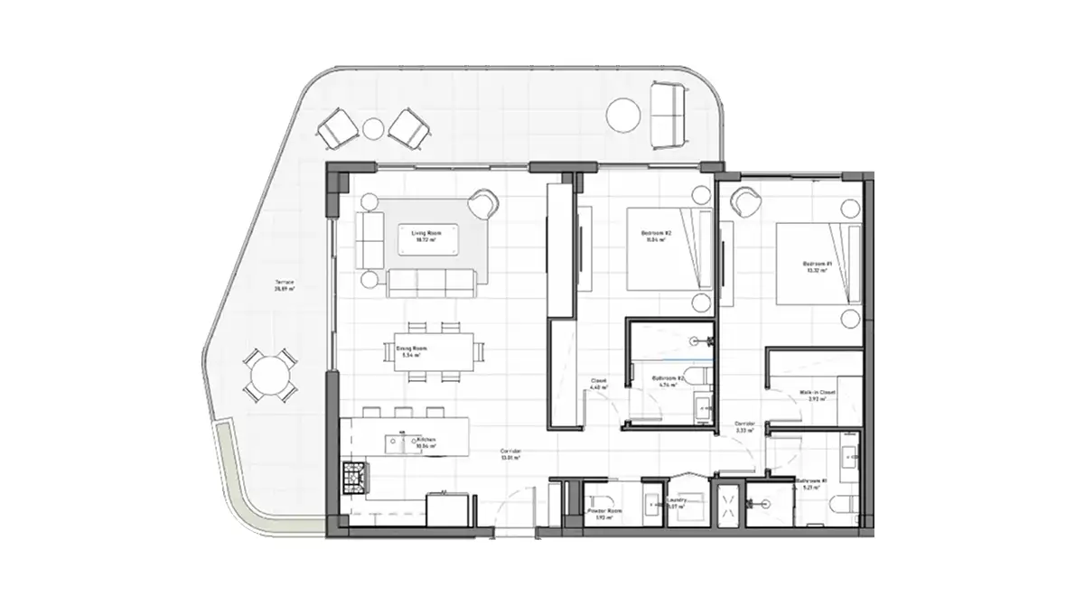 Floor plan of a Type B 2-bedroom apartment, 109.87 m² interior, with wraparound balcony, ELITE Cap Cana