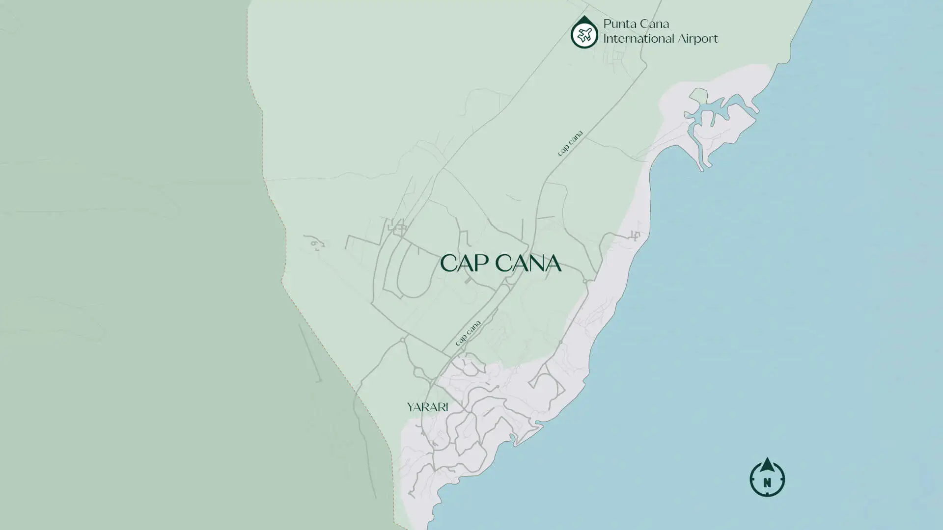 Map of Cap Cana and its distance to Punta Cana International Airport