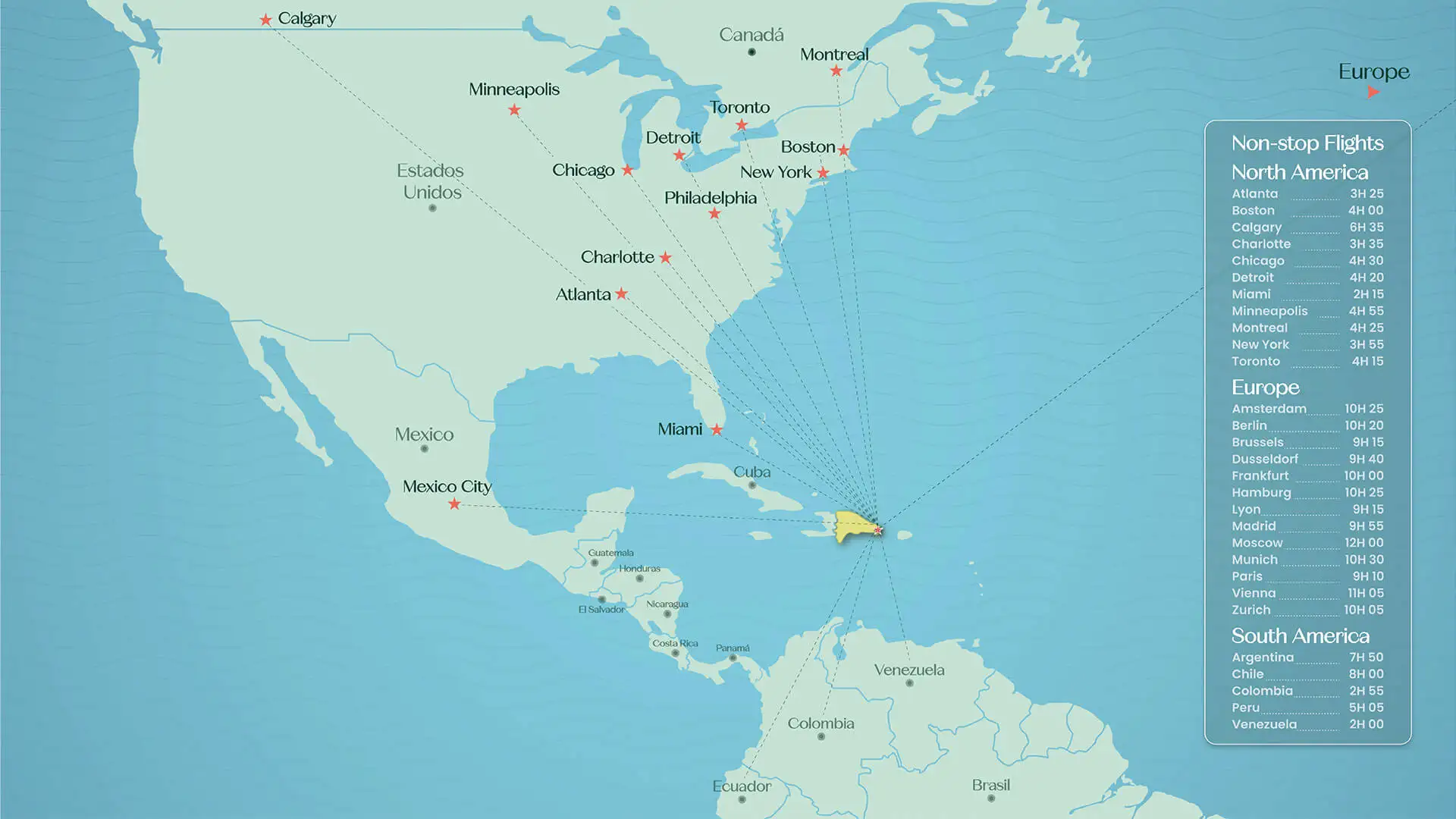 Map of non-stop flights to Punta Cana from North America, Europe and South America