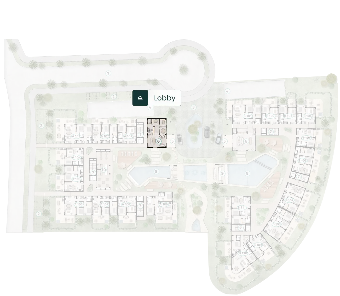 Plano del piso 1 de ELITE Cap Cana con la ubicación del lobby
