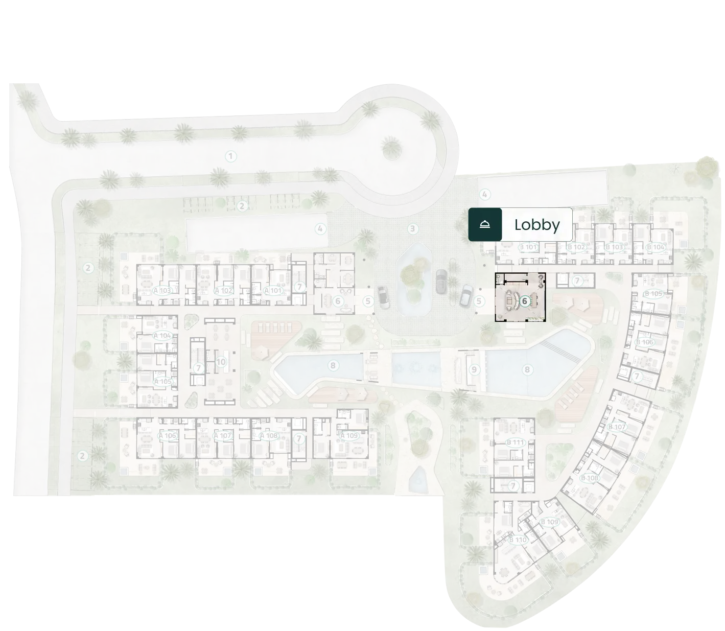 Plano del piso 1 de ELITE Cap Cana con la ubicación del lobby