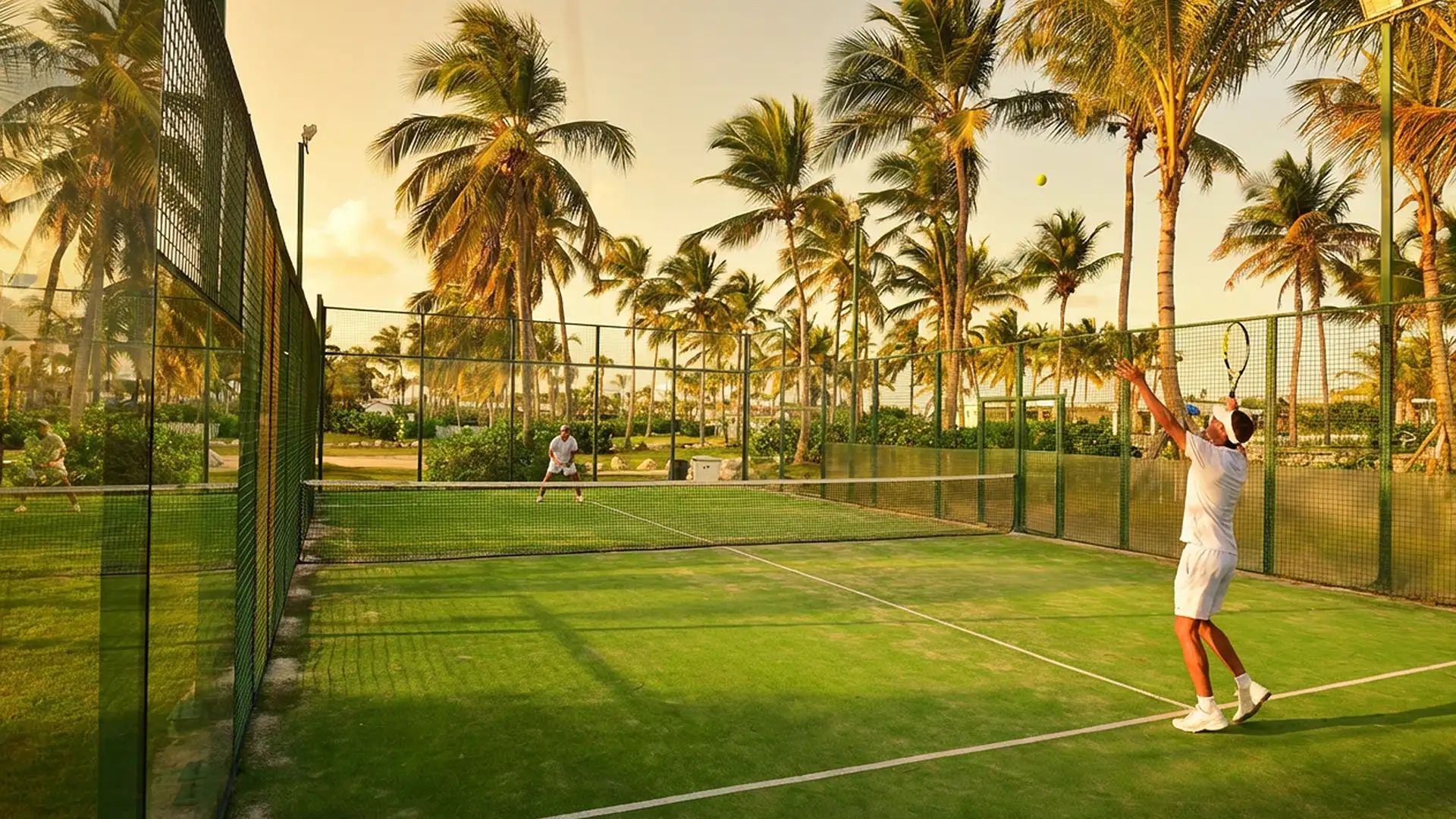 Tennis player on a grass court surrounded by palm trees in Cap Cana